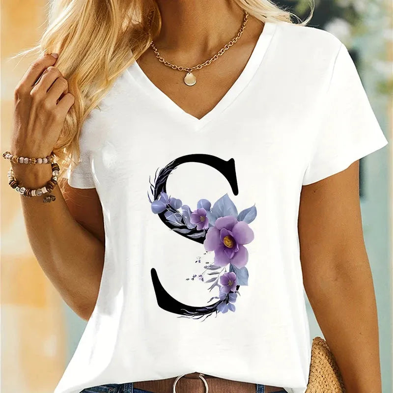 Women's Clothing A-Z 26 Alphabet Flower Premium Summer T-shirt - Shop & Buy