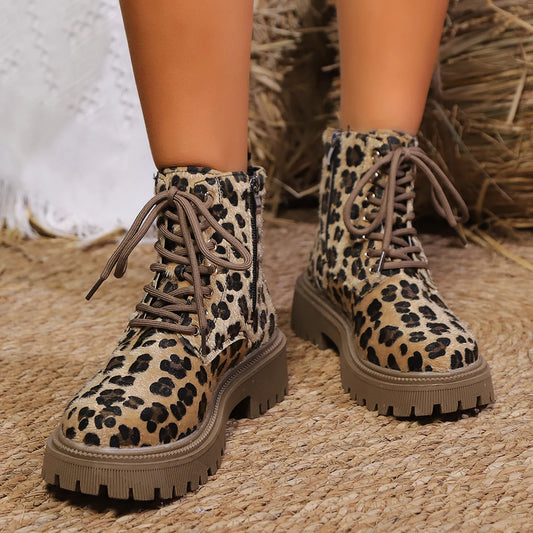 Women's Thick Sole Leopard Ankle Boots Fashion Side Zipper Lace Up Platform Boots - Shop & Buy