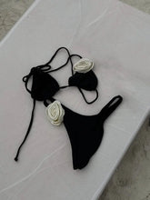 Load image into Gallery viewer, Sexy 3D Flower Bikini Set Women Black White Contrast Push Up Micro Swimsuit
