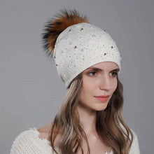 Load image into Gallery viewer, Decorate Pearl Women Beanie Knitted Wool Hats Fashion Natural Raccoon Fur Pompom Hat Autumn Winter Warm Casual Ladies Cap
