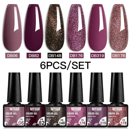 6PCS/Set Red Gel Nail Polish Set Glitter Sequins Semi Permanent Base Matte Top Coat Soak Off LED UV Nail Art Gel Varnish - Shop & Buy