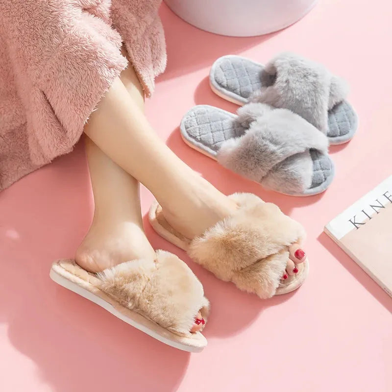 Women's Cross Band White Fur Slippers Winter Warm Plush Soft House Slippers for Women - Shop & Buy