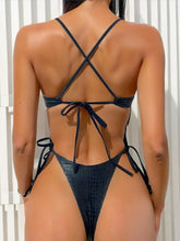 Load image into Gallery viewer, Sexy Black Snakeskin Print Swimwear Women Hollow Out Bandage Cross Backless Thong Bikini
