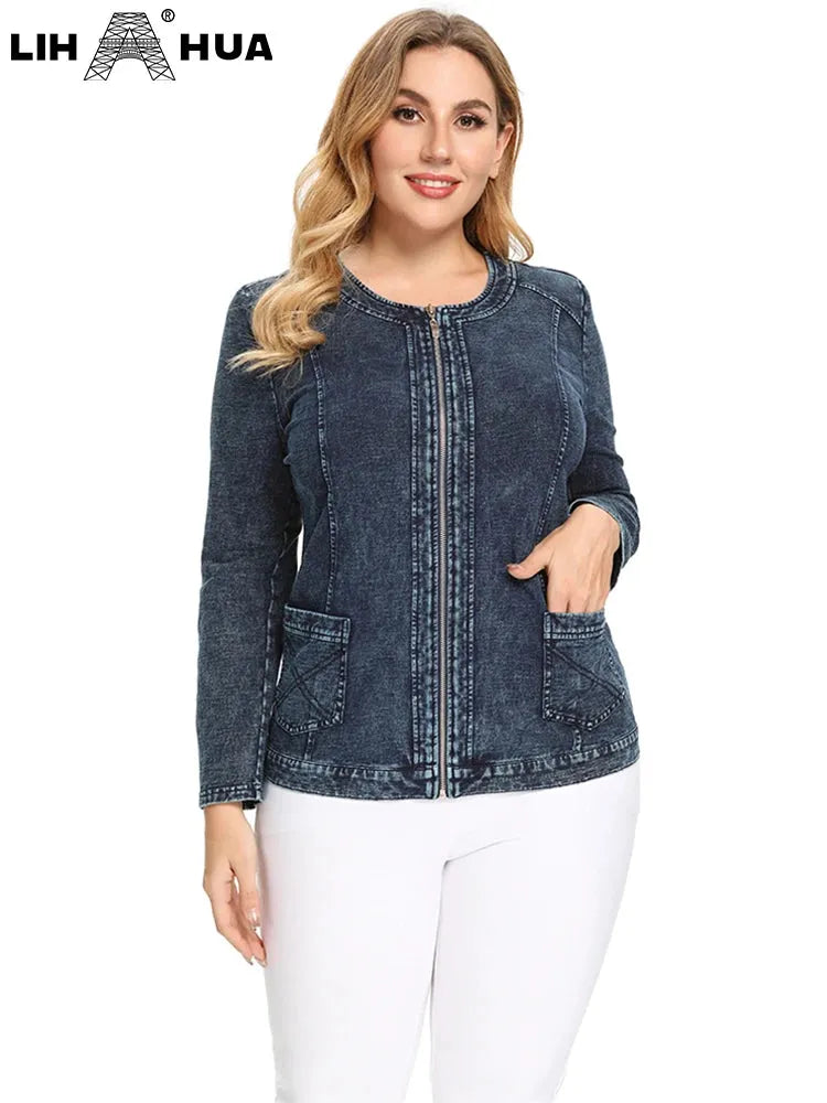 Women's Plus Size Denim Jacket Fall Casual Fashion Zipper Jacket High Stretch Cotton Knitted Denim - Shop & Buy