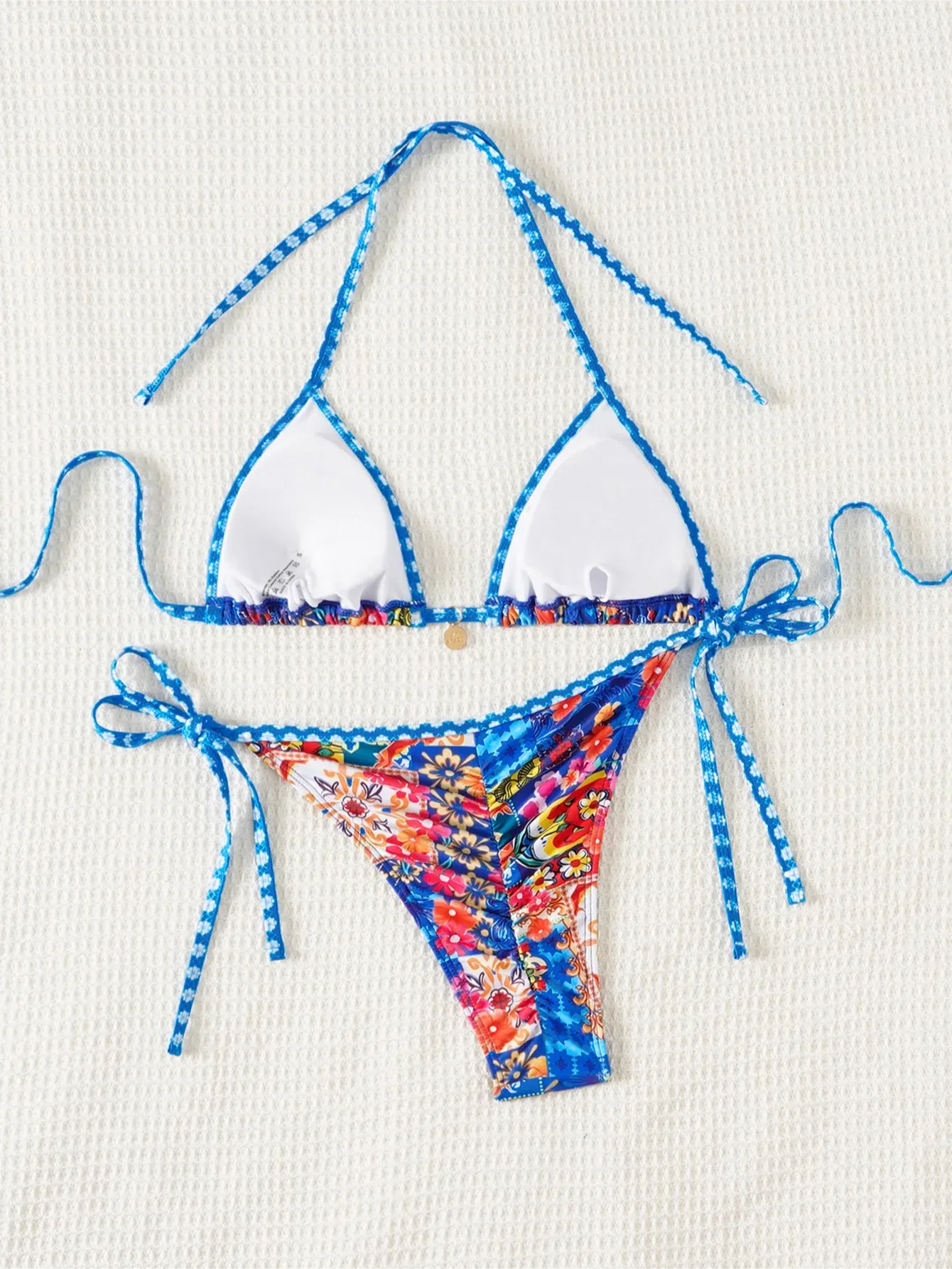 Women's Flower Print 2 Piece Swimsuit Sexy Halter Suspender Backless Blue Bikini Set - Shop & Buy