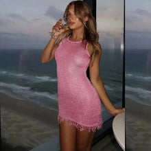 Load image into Gallery viewer, Sexy See Through Knitted Dresses Women Sleeveless Tassels Bodycon Mini Dress
