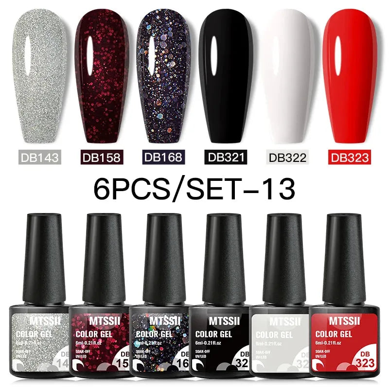 6PCS/Set Red Gel Nail Polish Set Glitter Sequins Semi Permanent Base Matte Top Coat Soak Off LED UV Nail Art Gel Varnish - Shop & Buy