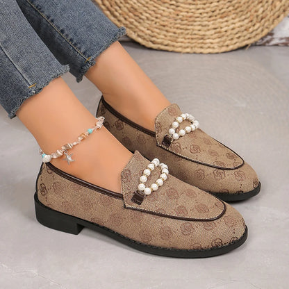 Pearl Chain Decor Women's Flats Fashion Embroidered Soft Sole Loafers Shoes for Women Summer Comfort Slip On Single Shoes