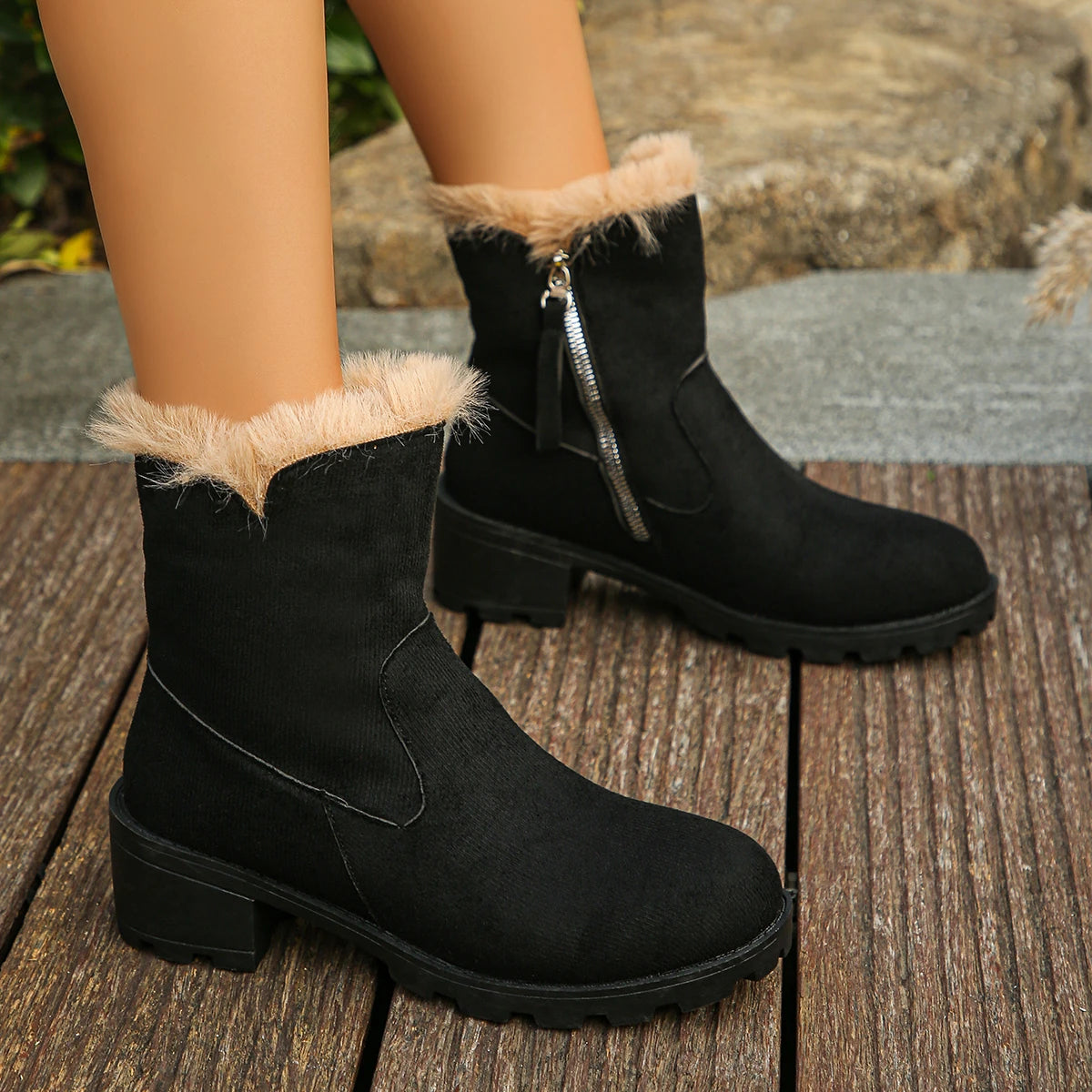 Winter Warm Thick Plush Snow Boots Women Faux Suede Side Zipper Cotton Shoes Woman Comfortable Thick Heeled Non Slip Ankle Boots