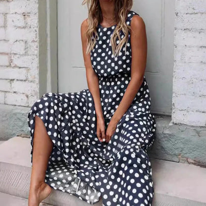 Women Y2K Long Skirt Printed Polka Dot Dress Round Neck Tank Skirt Elegant Female Dress Summer Sleeveless Outfits - Shop & Buy