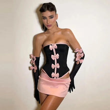 Load image into Gallery viewer, Sexy Strapless Bows Trim Women Two Piece Sets Black Gloves Tops Pink Skirts
