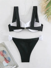 Load image into Gallery viewer, Push Up Black White Patchwork Bikini Sexy Contrast Underwire Ruffles Thong Swimsuit
