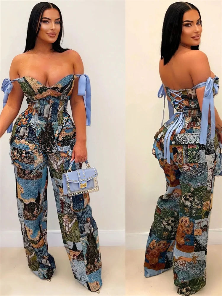 2 Piece Sets Women Sexy Printed Oil Painting Pattern Strap Drawstring Multi Pocket Pants Set