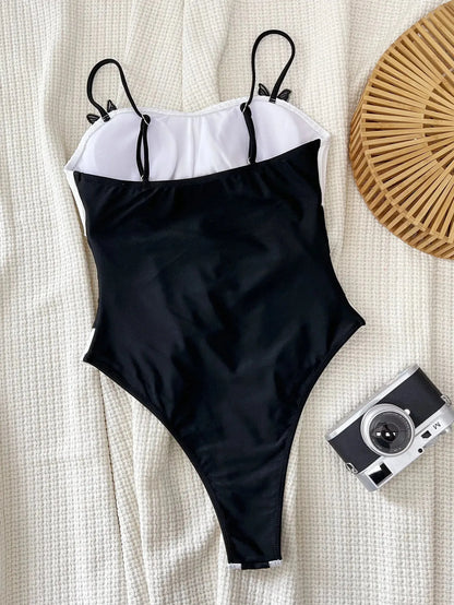 Women's Black White Patchwork One Piece Swimsuit High Waist Hollow Out Contrast Bikini - Shop & Buy