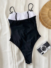 Load image into Gallery viewer, Women&#39;s Black White Patchwork One Piece Swimsuit High Waist Hollow Out Contrast Bikini
