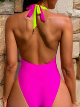 Load image into Gallery viewer, Sexy Neon Hot Pink Patchwork Swimwear Women Deep V Neck Belt Hollow Out Backless Bandage Bathing Suits
