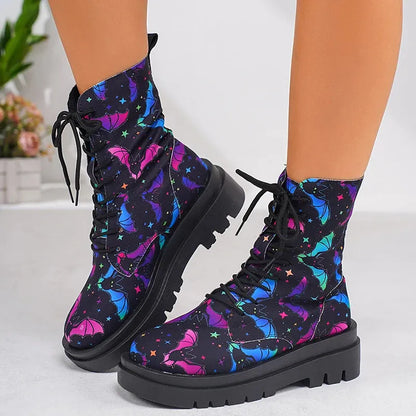 Women's Fashion Graffiti Printed Ankle Boots Platform Lace Up Flat Combat Booties Woman Non Slip Pu Leather Short Boots - Shop & Buy