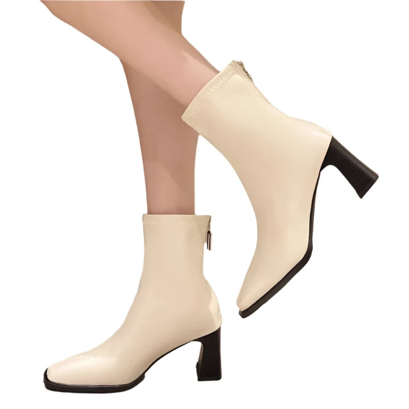 Women's Fashion High Heel Ankle Boots Square Toe Back Zipper Short Boots - Shop & Buy