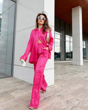 Load image into Gallery viewer, White Satin Wide Leg Trousers Suit for Women Spring Office Leopard Print Two-piece Set
