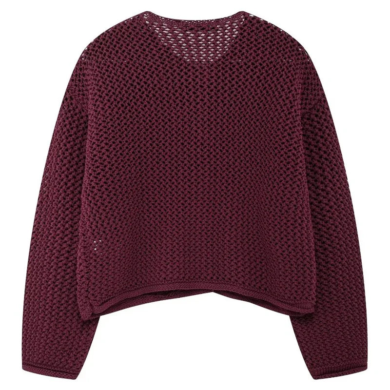 Woman Burgundy Crochet Cardigan For Women Autumn Cropped Knit Outerwears Loose O-Neck Long Sleeve Top Women Knitwears