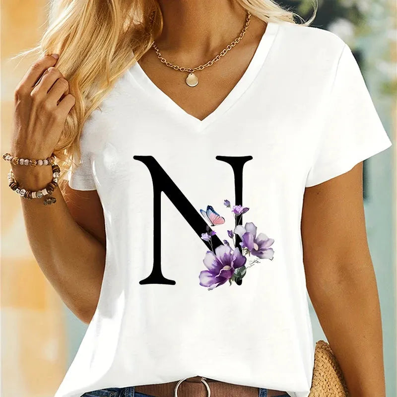 Women's Clothing A-Z 26 Alphabet Flower Premium Summer T-shirt - Shop & Buy