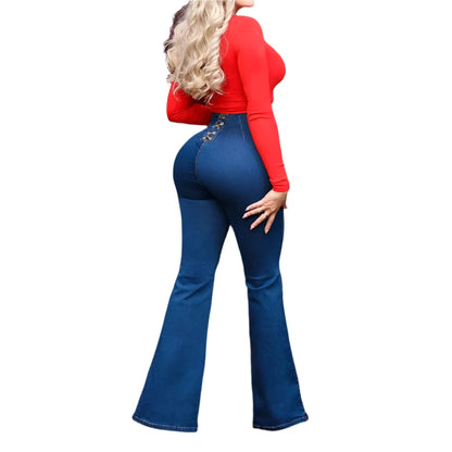 High Waist Flared Women Loose Wide Leg Denim Pants Causal Jeans Slim Fit Full Length Female Elastic Trousers