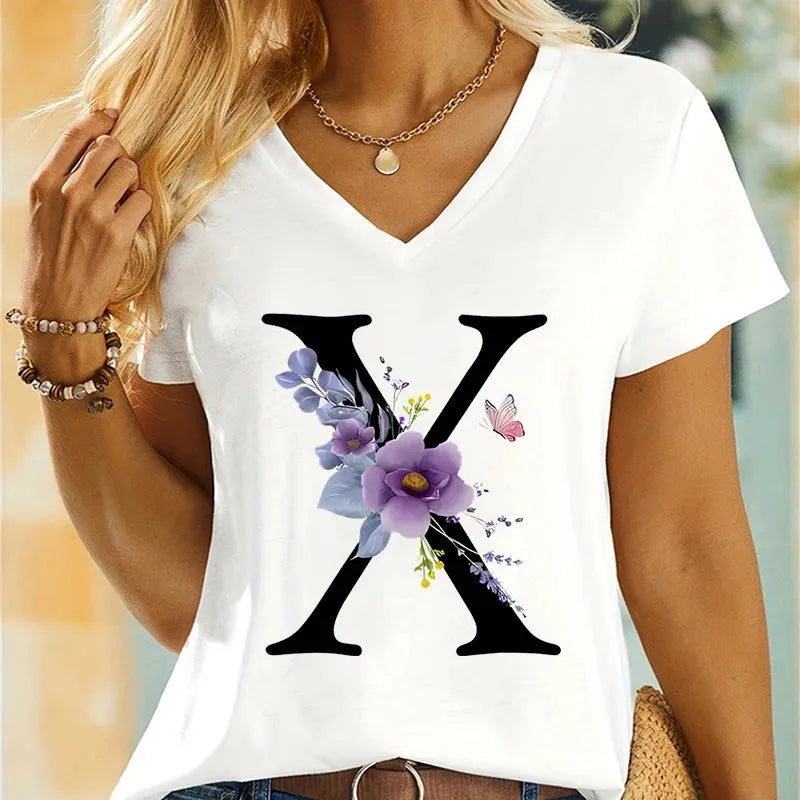 Women's Clothing A-Z 26 Alphabet Flower Premium Summer T-shirt - Shop & Buy