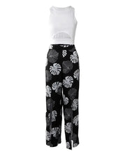 Load image into Gallery viewer, Summer Suit Women Solid Cut-out Tank Top &amp; Tropical Print Split Wide Leg Pants Set
