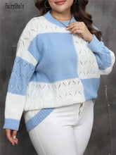 Load image into Gallery viewer, Sexy Patchwork Plus Size Sweater Women Stripe Hollowed Large Pullover Lady Loose Oversize Jumper Big Jerseys Curvy Knitwear
