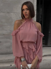 Load image into Gallery viewer, Women&#39;s Pink Chiffon Layered Spliced Mini Dress Sexy Off Shoulder Lantern Sleeves Halter Dresses
