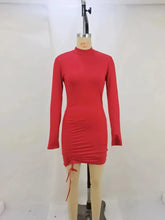 Load image into Gallery viewer, New all-match high collar solid color long sleeve pleated lace dress
