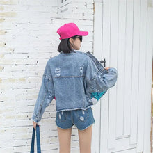 Load image into Gallery viewer, New Women Coat Cartoon Sticker Embroidered Sequin Short Denim Jacket Loose Bowknot Top
