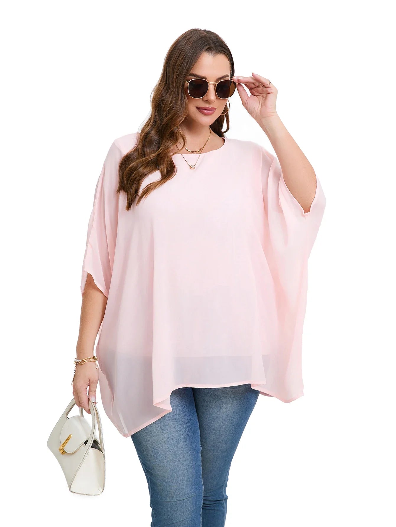 Womens Plus Size Elegant Summer Blouse Batwing Sleeve Oversized Chiffon Blouse Scoop Neck Large Size Casual Tunic Top Shirt 6XL - Shop & Buy