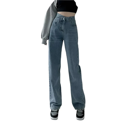 Baggy Straight Jeans Y2K Office Lady Women's Loose Pants Fashion Light Blue Cross High Waisted