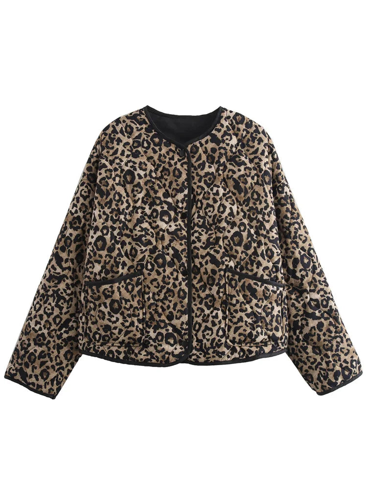 Leopard Quilted Jacket Women Women's Parka Cropped Long Sleeve Outerwears Short Padded Jacket