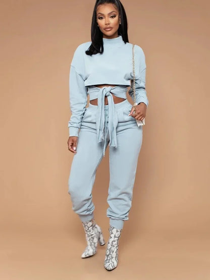 Women Two Piece Long Pants Set Autumn Winter Products Top with Front Tie Fashionable Personalized Casual Set