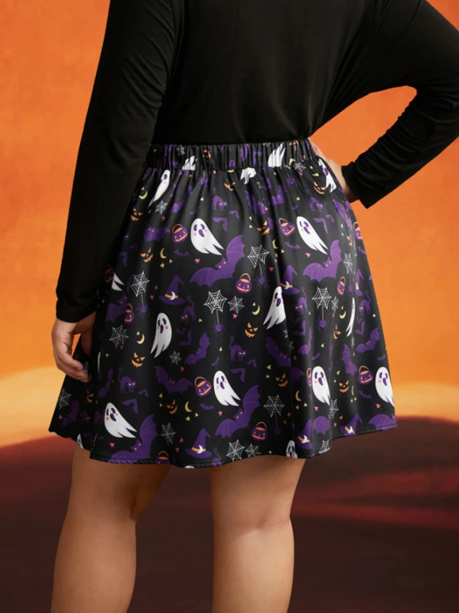 Women Halloween Vintage Pleated Skirts Retro High Waist Pumpkin Print Midi Skirts Classic Holiday Party Skirts