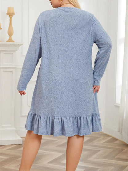 Women Plus Size Nightgown Loose Fit Solid Color Round Neck Long Sleeve Tiered Ruffle Lounge Dress Autumn Sleepwear Loungewear