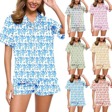 Load image into Gallery viewer, Women Pajama Set 2 Piece Set Cartoon Print Short Sleeve Button Closure T-Shirt + Shorts Home Sleepwear
