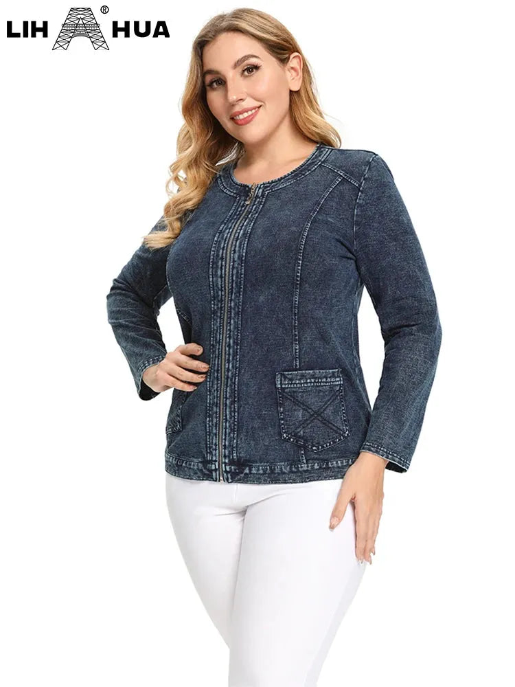 Women's Plus Size Denim Jacket Fall Casual Fashion Zipper Jacket High Stretch Cotton Knitted Denim - Shop & Buy