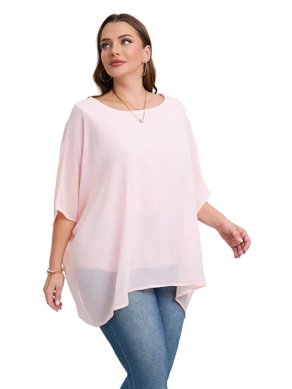 Womens Plus Size Elegant Summer Blouse Batwing Sleeve Oversized Chiffon Blouse Scoop Neck Large Size Casual Tunic Top Shirt 6XL - Shop & Buy