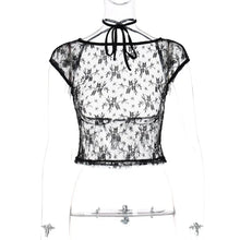 Load image into Gallery viewer, Women Sexy Lace See Through Party Club Short Sleeve Black Crop Tops
