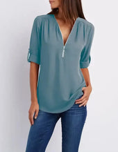 Load image into Gallery viewer, Women Cool Loose Shirt Deep V Neck Chiffon Blouse Casual Ladies Tops Sexy Zipper Pullover Plus Size Long Sleeve Fashion
