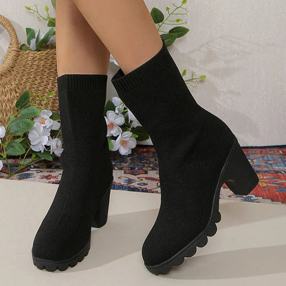 Women's Mid-Calf Knit Sock Boots Autumn Thick Heeled Slip On Slim Boots - Shop & Buy