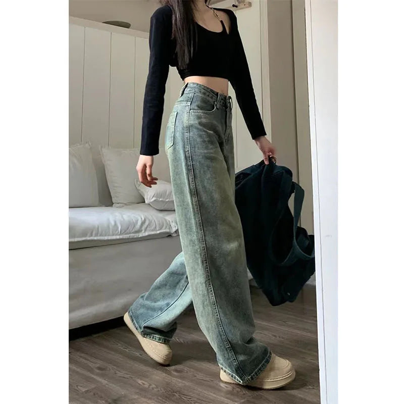 Vintage 90S Baggy Straight Denim Trousers Female Y2K High Waist Loose Wide Leg Jeans