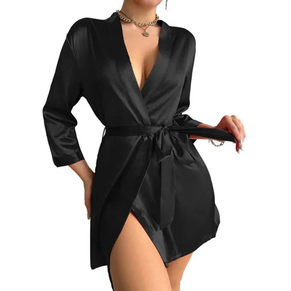 Womens V-Neck Sexy Silk Robe With Belt Short Satin Kimono Robe Sleepwear - Shop & Buy