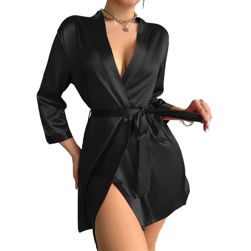 Womens V-Neck Sexy Silk Robe With Belt Short Satin Kimono Robe Sleepwear Bathrobe Bridesmaid Party Dressing Gown - Shop & Buy