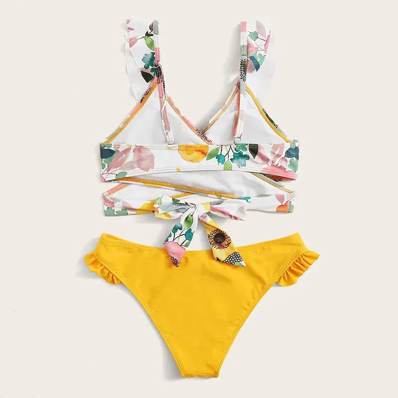 Yellow Flower Print Two Piece Swimsuit Sexy Cross V-neck Suspender Backless Bikini Set Ruffle Beach Vacation Bathing Suit - Shop & Buy