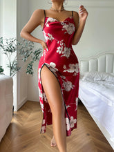 Load image into Gallery viewer, Summer Thin Breathable Women&#39;s Dress Ice Silk Slip Dress Sexy Red Flower Print Pajamas Open Back Split Nightdress
