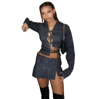 Xeemilo Y2K Multi Bow Bandage Hollow Out Long Sleeve Crop Tops With Mini Pleated Skirts + Belt Korean Fashion Womne 2 Piece Sets - Shop & Buy